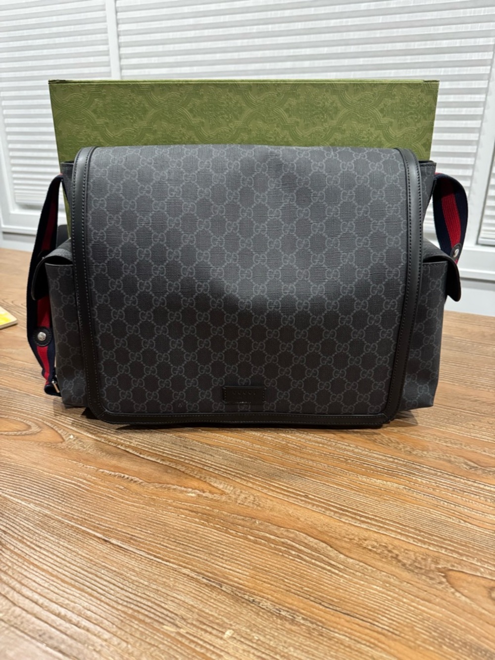 Gucci Black GG Canvas Messenger Bag with Red-Blue Web Strap